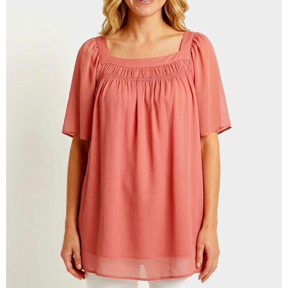 EVRI Womens Top 4X Plus orange Square Neck Flutter Slv Chiffon Smocked Lined